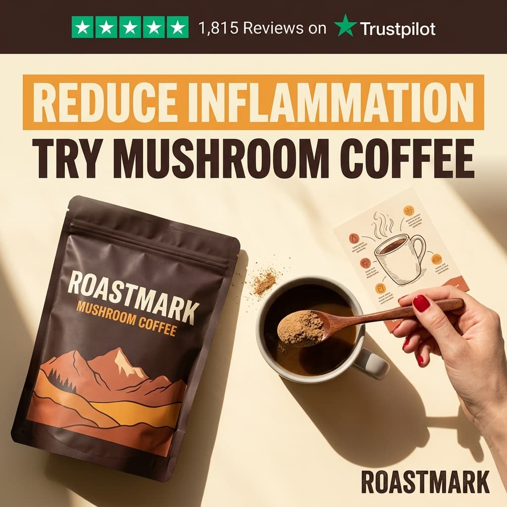 Roastmark Mushroom Coffee — Trustpilot Flat-Lay Lifestyle Ad