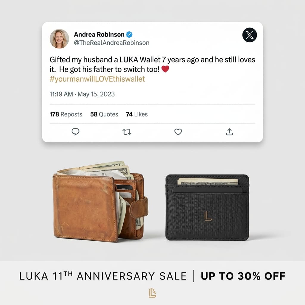 LUKA Anniversary Sale — Tweet Testimonial + Wallet Comparison Ad