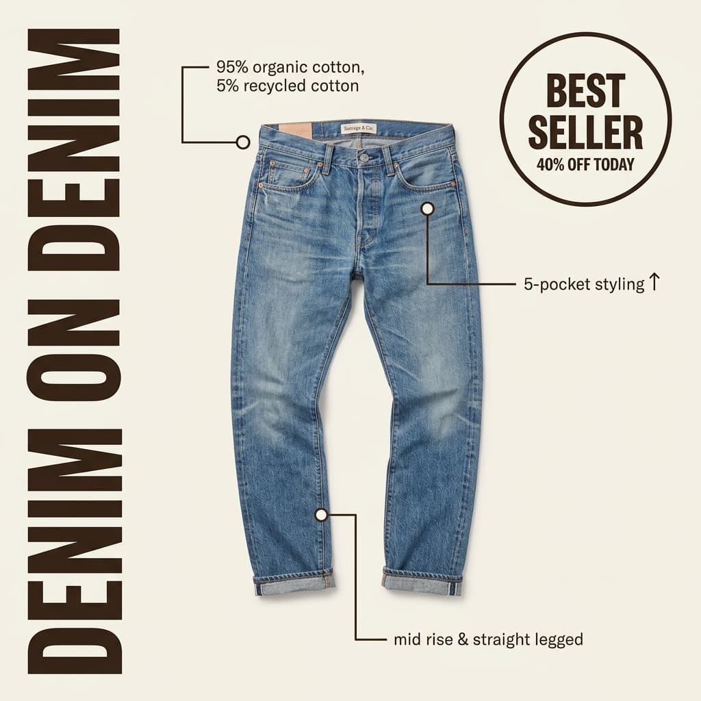 Selvage & Co. Raw Denim — Annotated Flat-Lay Best Seller Ad