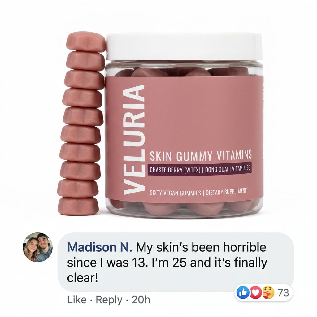 Veluria Gummy Vitamins — Product Hero + Facebook Comment Ad