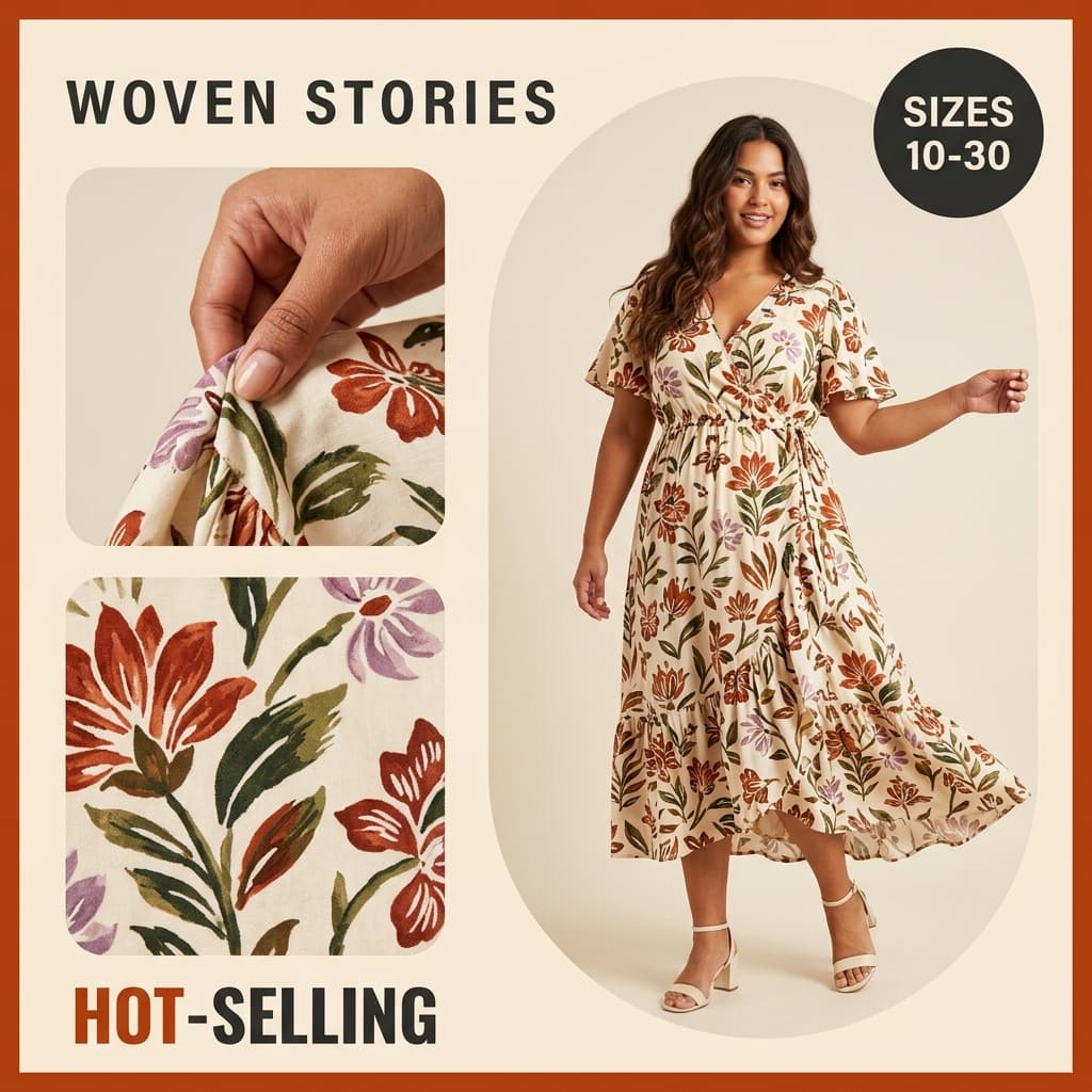 Woven Stories "Hot-Selling" Floral Dress — Multi-Panel Detail Ad