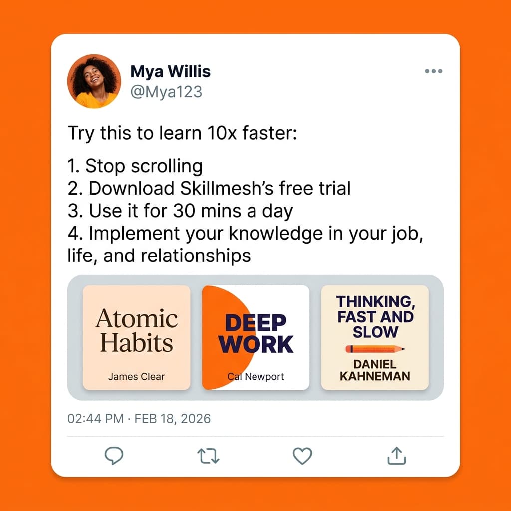 Skillmesh "Learn 10x Faster" — Fake Tweet with Course Thumbnails Ad
