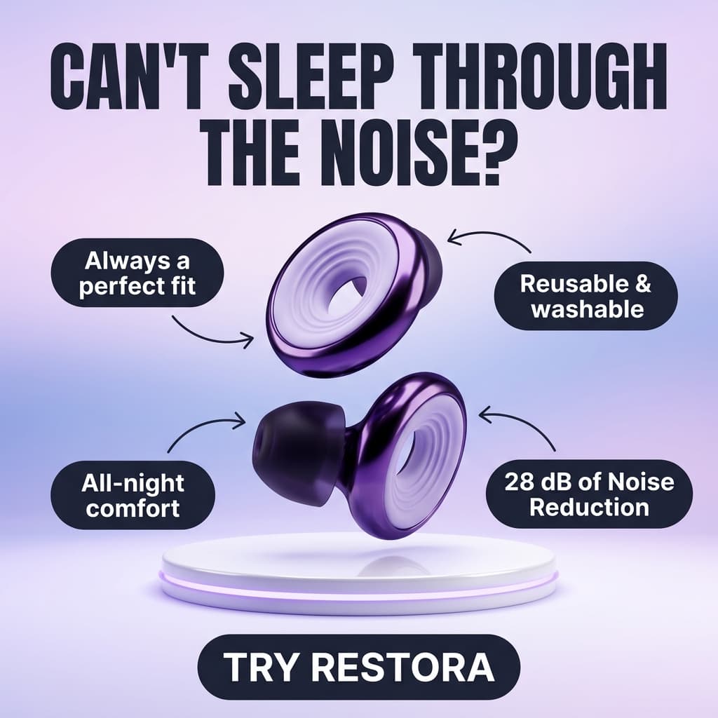 Restora "Can't Sleep Through the Noise?" — Floating Earplug Feature Ad