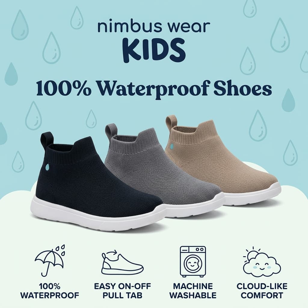 Nimbus Wear Kids — 100% Waterproof Shoes Product Lineup Ad