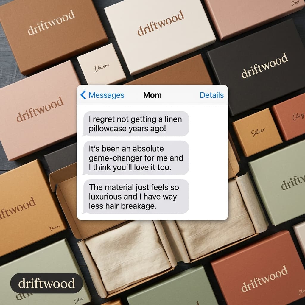 Driftwood "Text from Mom" — iMessage Overlay on Linen Box Flat-Lay Ad