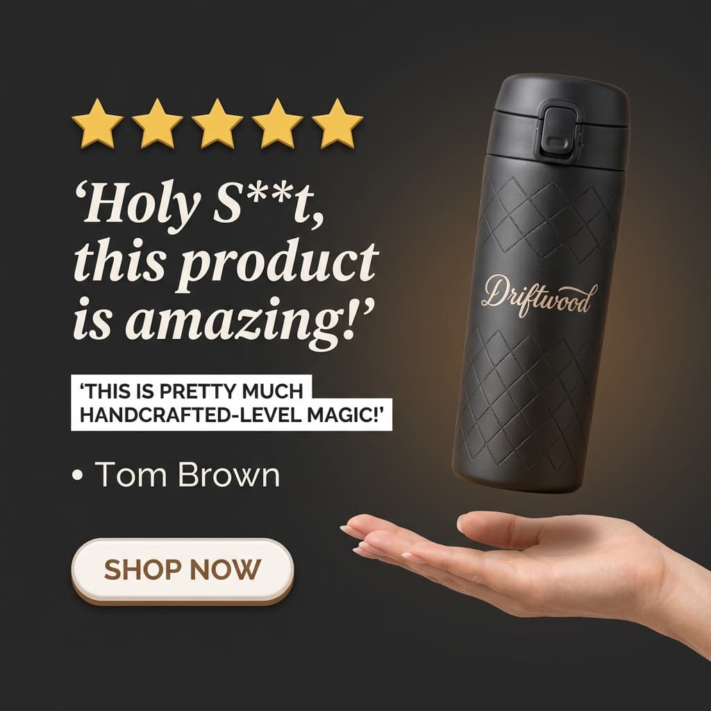 Driftwood Artisan Travel Mug — 5-Star Testimonial Ad