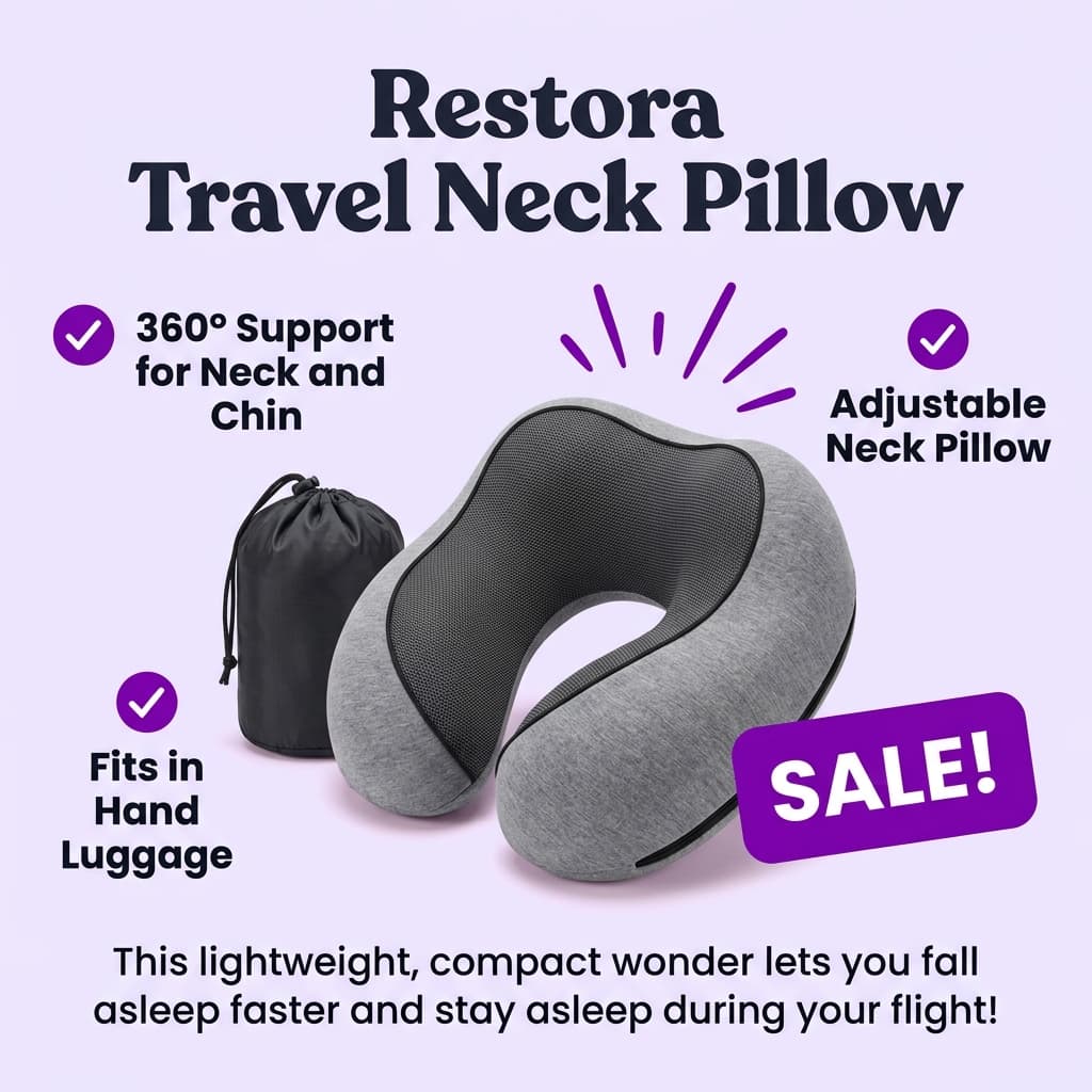 Restora Travel Neck Pillow — Benefit Callout Product Hero Ad