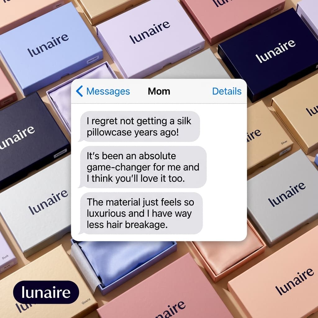Lunaire "Text from Mom" — iMessage Overlay on Product Flat-Lay Ad