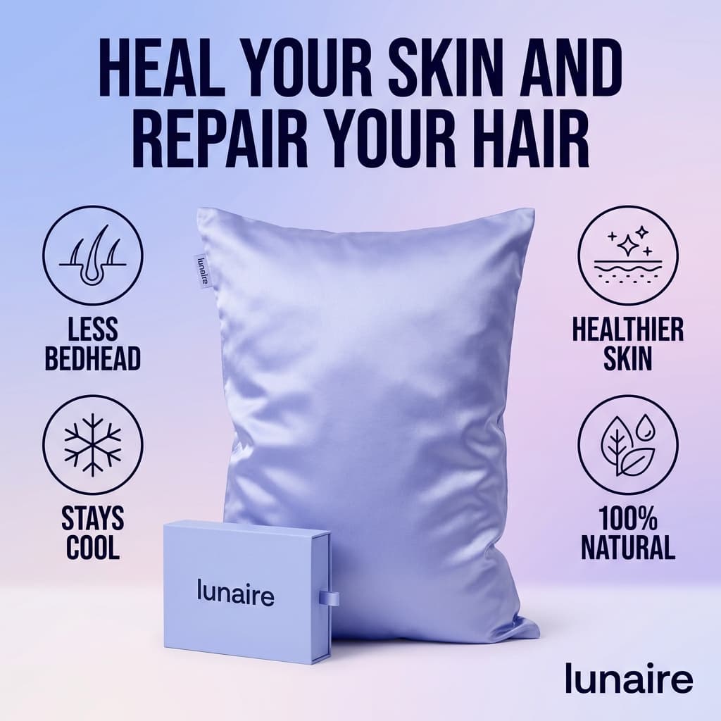 Lunaire Silk Pillowcase — "Heal Your Skin and Repair Your Hair" Feature Ad
