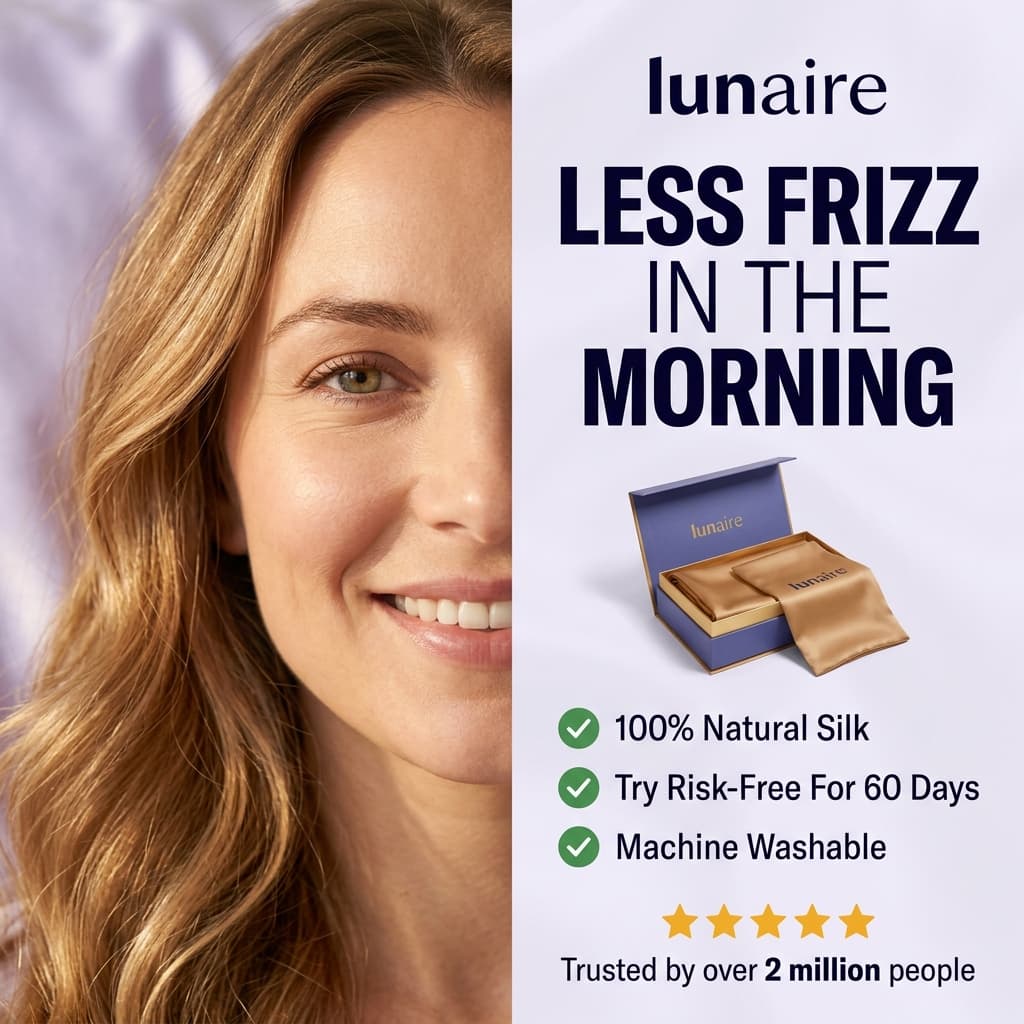 Lunaire "Less Frizz in the Morning" — Split Portrait + Benefits Ad
