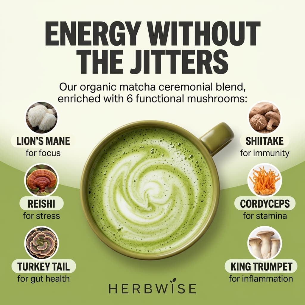 Herbwise "Energy Without the Jitters" — Mushroom Matcha Ingredient Ad