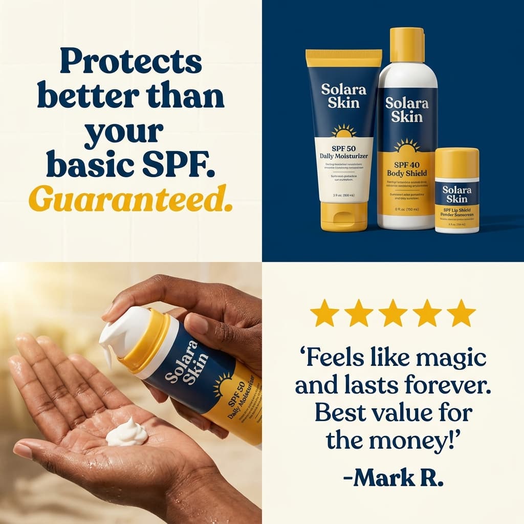 Solara Skin 2x2 Grid — "Better Than Your Basic SPF" Product Ad